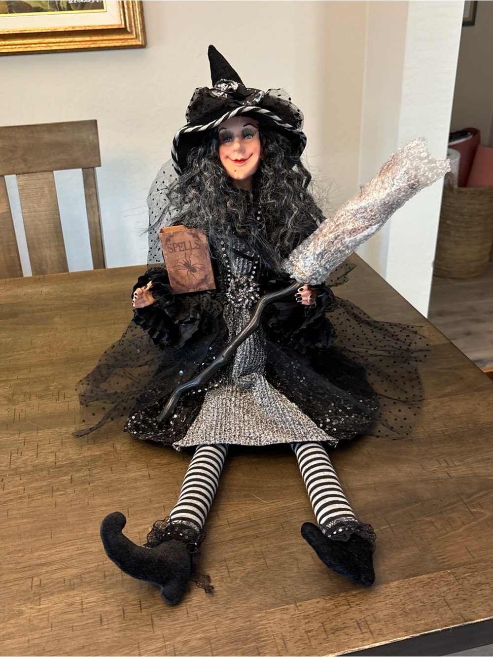 Halloween Shelf Sitter Witch Silver & Black Dress Holding A Broom 31” New